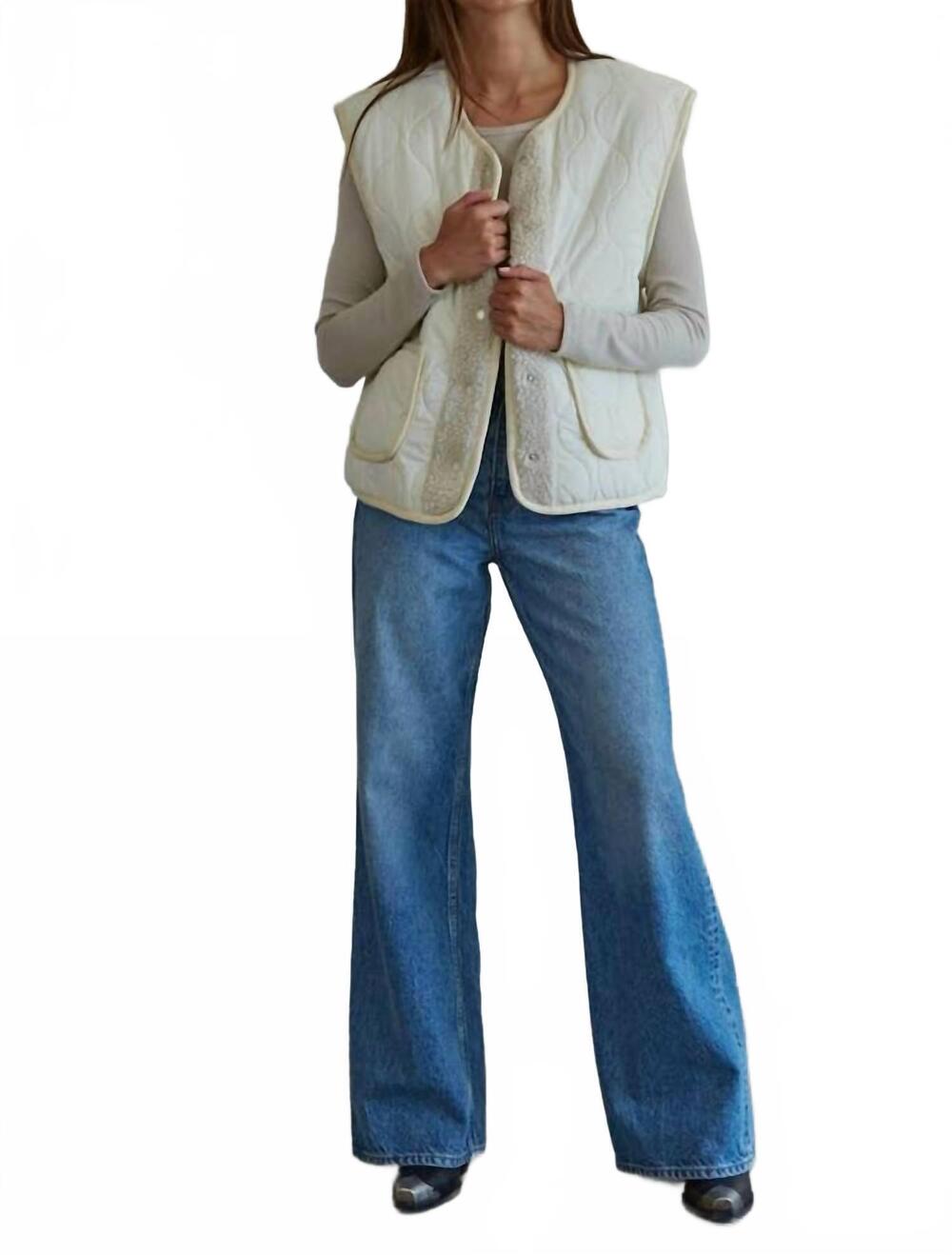 NEW BY TOGETHER woven quilted fleece snap vest in cream